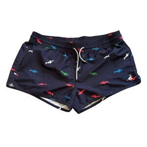 Surf Cuz Navy Shark Print Swim Trunks Drawstring XL Vacation Beach